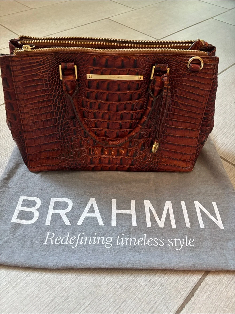 Brahmin Burnt Brown Croc-Embossed Leather Satchel